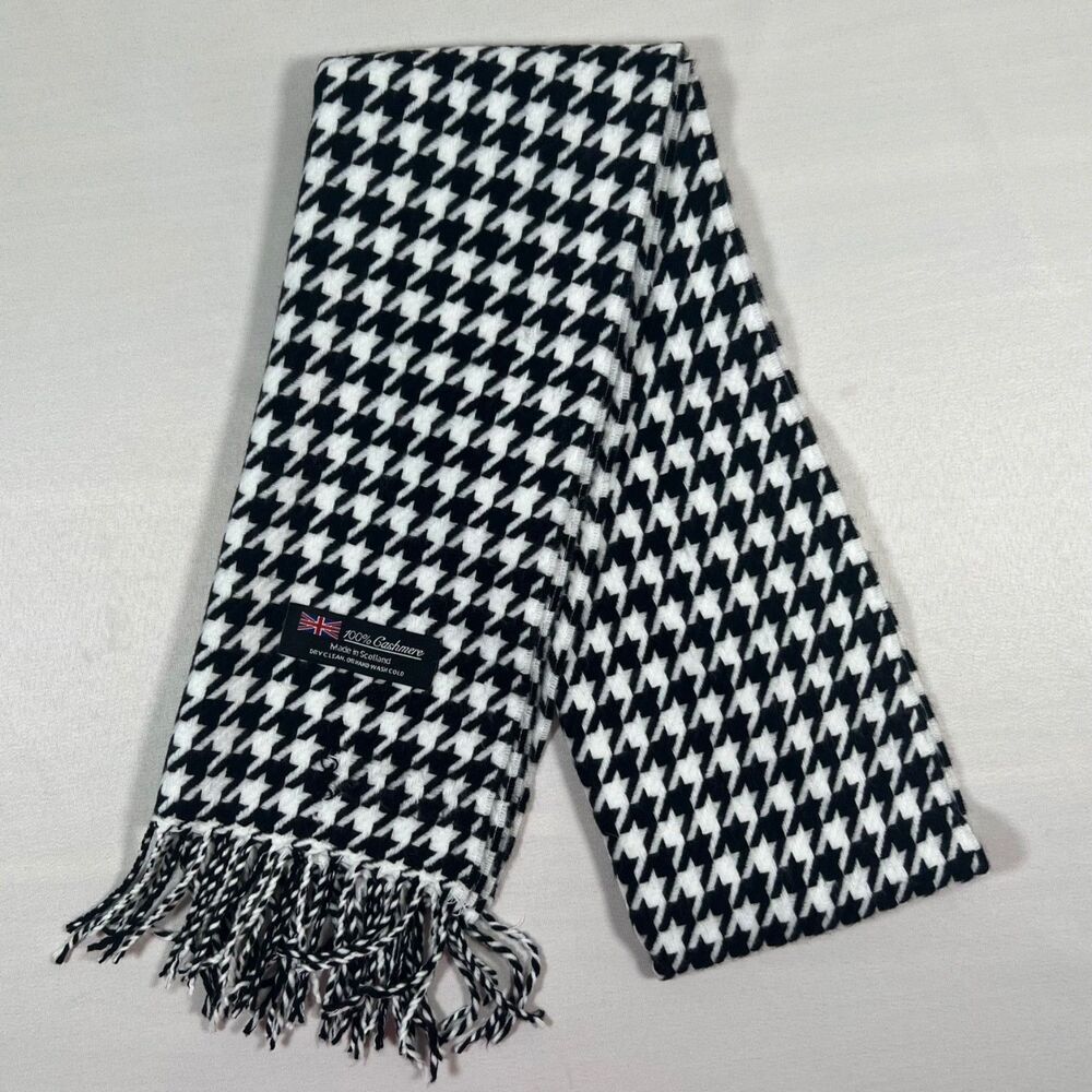 Classic Black and White Houndstooth 100% Cashmere Scarf Made In Scotland Unisex